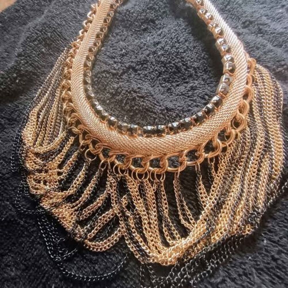 Gold and Black Multi-Layer Chain Statement Necklace with Rhinestones